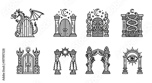 Mystical Gates and Arches Vector Icons: Dragon, Moon, Snakes, Eye