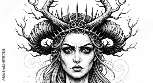Mystical Forest Queen with Antlers and Crown, Dark Fantasy Illustration
