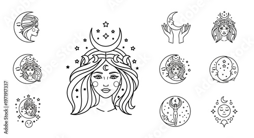 Mystical Moon Goddess Celestial Woman Line Art Collection