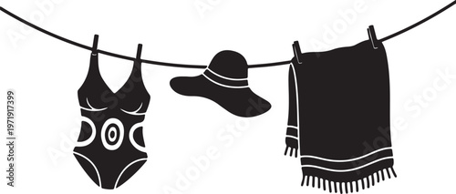 Vintage beachwear hanging on a drying line in a stylized illustration sketch vector illustration