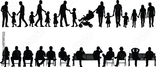 People silhouettes collection with families walking and sitting, parents and children scenes, black vector illustration of daily life activities