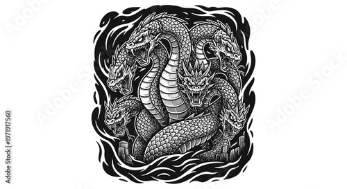 Mythical Multi-Headed Dragon Monster, Fierce Serpent Creature Illustration