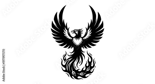 Mythical Phoenix Bird Rising From Flames, Black Silhouette, White Background