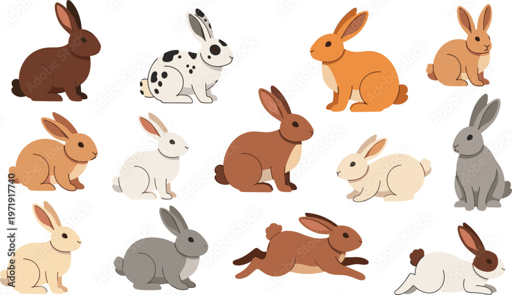 Obraz premium Rabbit Character Collection with Cute Bunny Poses in Various Colors and Styles for Animal Illustration, Pet Design, and Cartoon Collection