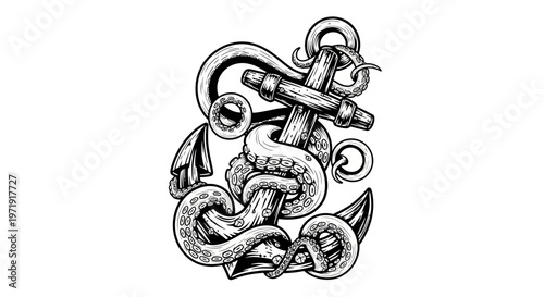 Nautical Anchor Wrapped in Kraken Tentacles, Hand-Drawn Illustration
