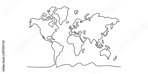 A minimalist black and white line art illustration of the global world map on a plain background. Vector, illustration