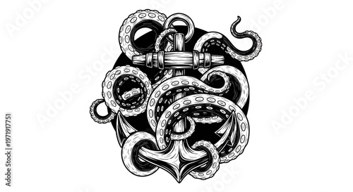 Nautical Anchor Wrapped in Kraken Tentacles, Ink Drawing