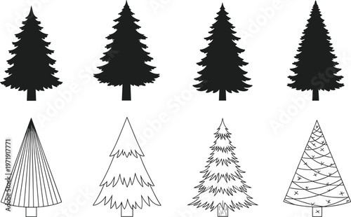 Set of Christmas tree silhouettes and line art styles including pine fir evergreen shapes for holiday design vector illustration