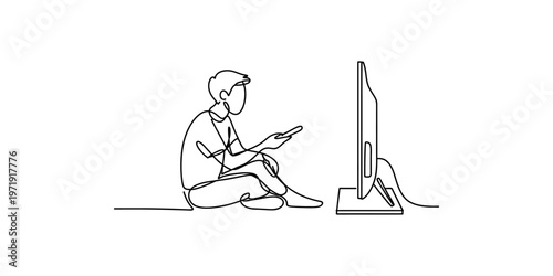 Continuous single line drawing of a young man sitting on floor and watching television at home Vector, illustration