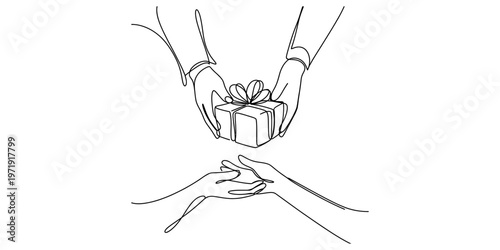 A single continuous line drawing of hands giving a small wrapped gift box to another person hands Vector, illustration