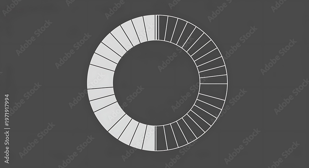 Fototapeta premium A segmented circular wheel infographic featuring light gray filled blocks and white outlines against a solid gray backdrop, representing a progress bar or data cycle diagram.
