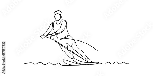 Continuous line drawing of a person water skiing across the surface of the water in a summer sport Vector, illustration