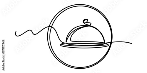 Minimalist continuous line drawing of a food service tray enclosed within a circular frame design Vector, illustration