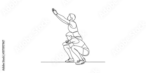 A single continuous line drawing of two people performing a synchronized fitness squat exercise. Vector, illustration