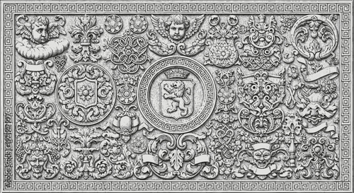 Ornate Renaissance Heraldic Crest Decoration with Lion and Cherubs