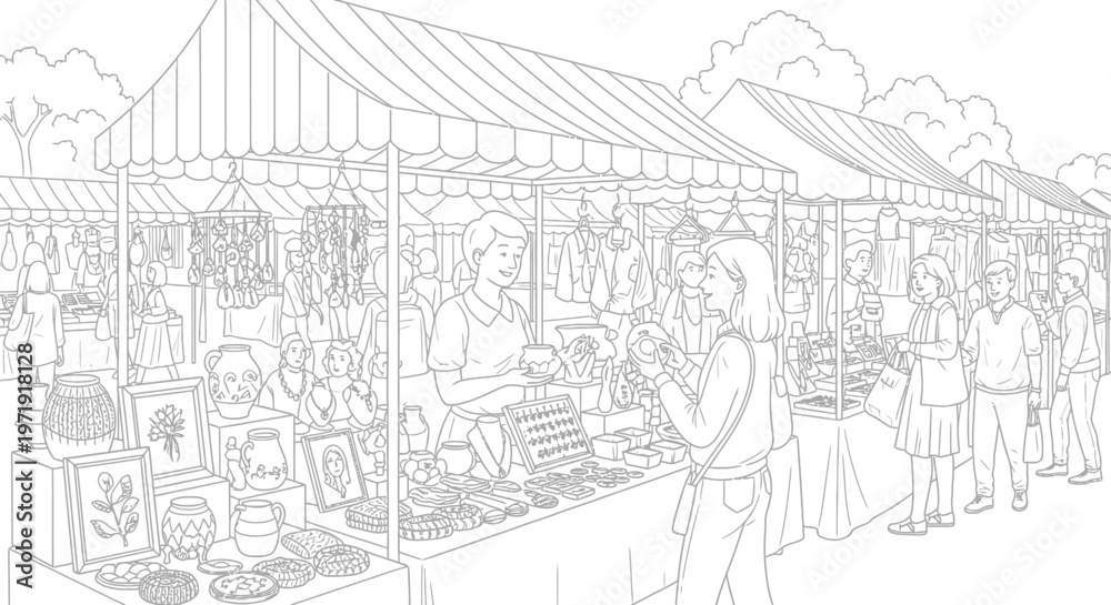 Fototapeta premium Outdoor Artisan Market Scene Drawing, People Shopping at Stalls