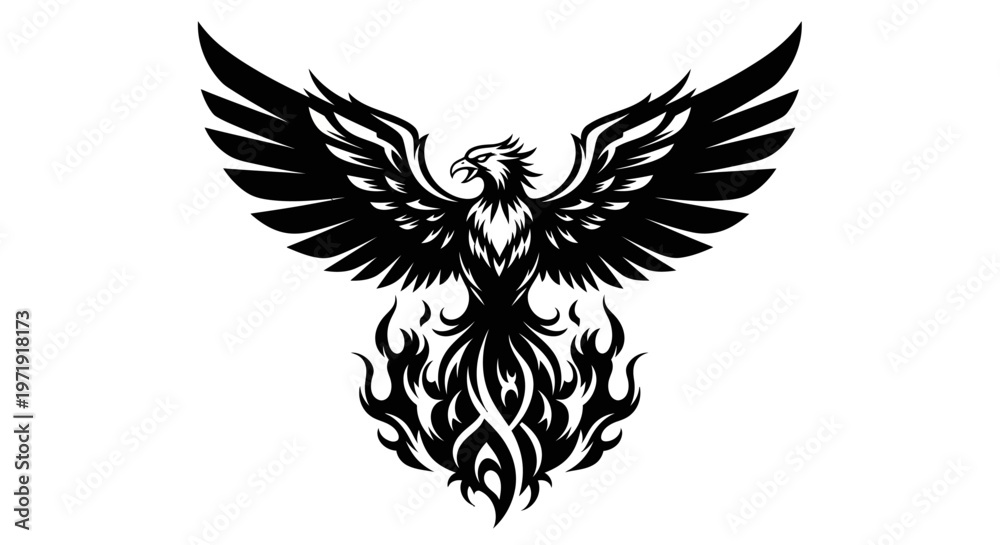 Fototapeta premium Phoenix Bird Silhouette Rising From Flames, Mythological Creature
