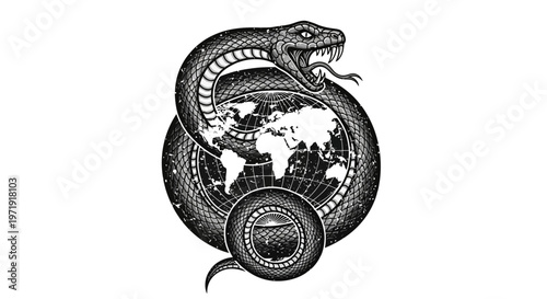 Ouroboros Snake Encircling World Map Globe Illustration