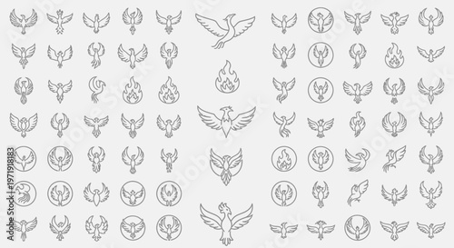 Phoenix Icon Set: Mythical Bird, Fire, Rebirth, and Transformation Symbols