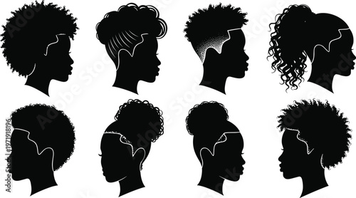 Afro hairstyle silhouettes collection, diverse black women profiles with natural hair styles, cultural beauty vector set isolated illustration design