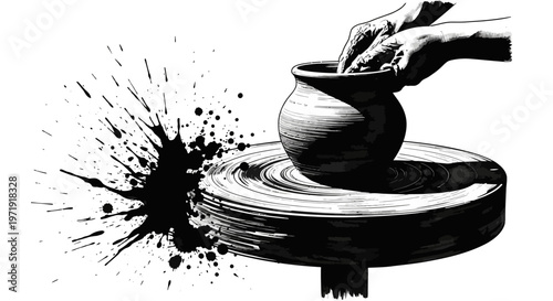 Pottery Wheel and Hands Shaping Clay with Splatter Effect