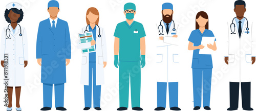 Diverse Medical Staff Set with Doctors, Nurses, and Surgeons in Uniform for Healthcare Illustration, Hospital Team Design, and Professional Medical Collection