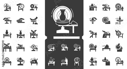 Pottery Wheel Icons Set: Crafting Ceramic Art