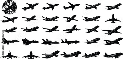 Airplane silhouettes mega collection with commercial jets and fighter aircraft, black aviation vector set isolated for travel and transport design