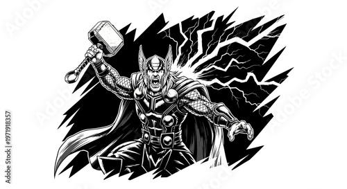 Powerful Warrior with Hammer and Lightning