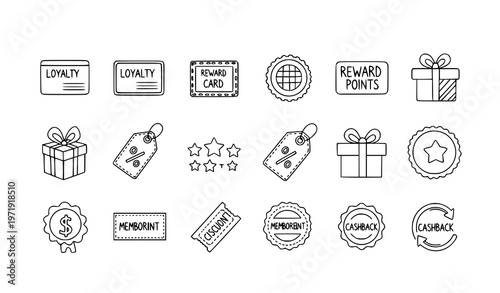 Loyalty card and reward program doodle icon set hand drawn outline vector collection