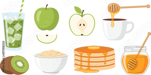Healthy Food Set with Apple, Kiwi, Green Juice, Oatmeal, Pancakes, and Honey in Flat Style for Nutrition Illustration and Breakfast Design Collection