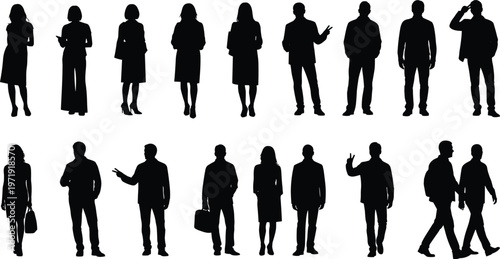 Business people silhouettes collection, professional men and women standing and walking poses, corporate team vector illustration isolated on white background