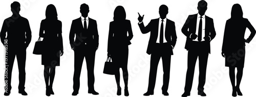 Business professionals silhouettes set, men and women in formal attire standing poses, corporate team vector illustration isolated on white