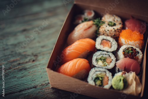 Top view of sushi set with salmon nigiri and maki rolls arranged in wooden box on rustic table creating Japanese food concept
