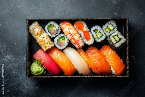 Top view of sushi set with salmon nigiri and maki rolls arranged in wooden box on rustic table creating Japanese food concept
