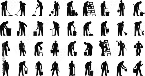 Cleaning worker silhouettes set, janitor and maintenance people with tools, black vector illustration of housekeeping and sanitation activities collection