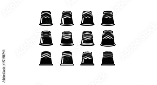 Set of 12 Black Thimbles Icons on White Background, Sewing Tools