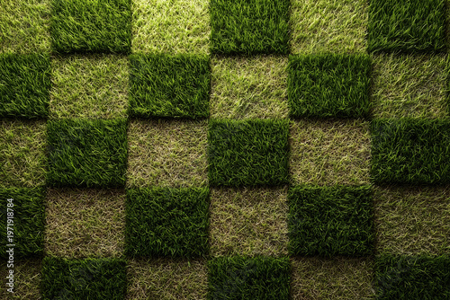 Checkerboard pattern of green grass squares with alternating shades creating geometric texture and abstract natural background
