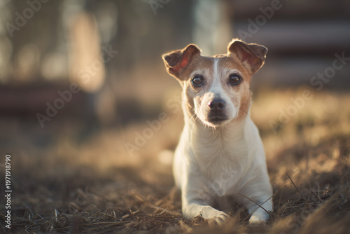 Happy dog running through dry field during golden hour with warm sunlight capturing playful outdoor activity and energetic pet lifestyle
