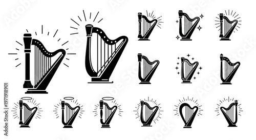Set of Harp Icons and Symbols, Musical Instrument Vector Graphics