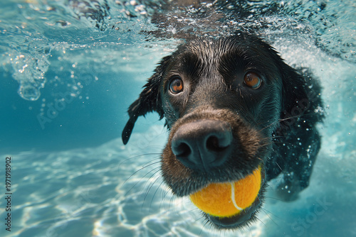 Underwater view of dog swimming with tennis ball in mouth surrounded by bubbles and sunlight creating playful pet activity and summer fun concept
