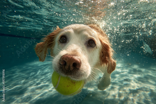 Underwater view of dog swimming with tennis ball in mouth surrounded by bubbles and sunlight creating playful pet activity and summer fun concept
