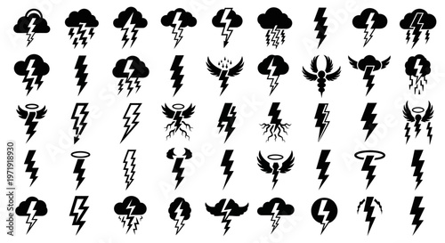 Set of Lightning Bolt and Thunderstorm Icons: Weather and Power Symbols