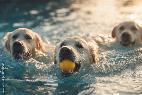 Golden retriever swimming in water with gentle splashes and focused expression during outdoor activity capturing playful pet lifestyle and summer atmosphere
