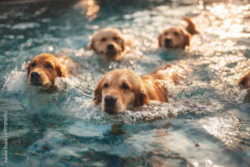 Golden retriever swimming in water with gentle splashes and focused expression during outdoor activity capturing playful pet lifestyle and summer atmosphere
