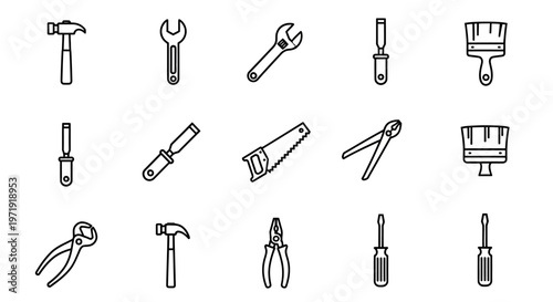 Set of Linear Icons for Tools and Construction, DIY and Repair