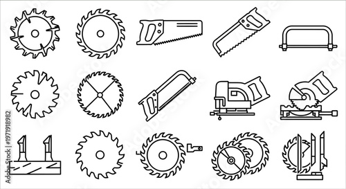 Set of Saw Blades and Saws Icons, Tools for Woodworking and Construction