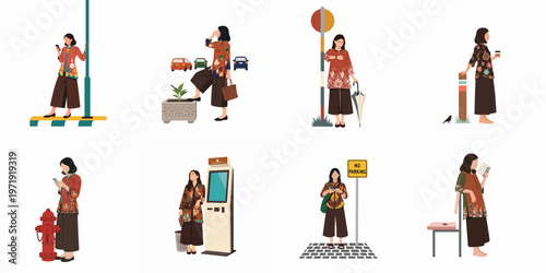 Vector illustration set of a woman wearing Indonesian batik kebaya in various everyday urban life situations on a white background.