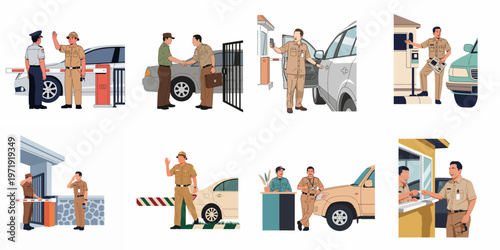 Vector Illustrations of Uniformed Security Guards and Parking Attendants Managing Gate Access, Checking Vehicles, and Greeting Visitors at Secure Facilities.