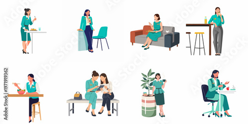 Illustration set of professional women in teal uniforms during various lunch break activities, eating, drinking coffee, and collaborating in office settings.